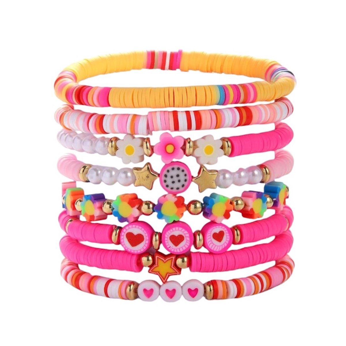 Hartje - Bloem Armbanden Set - Geel/Roze | 8-delig | Polymeer Klei | Fashion Favorite