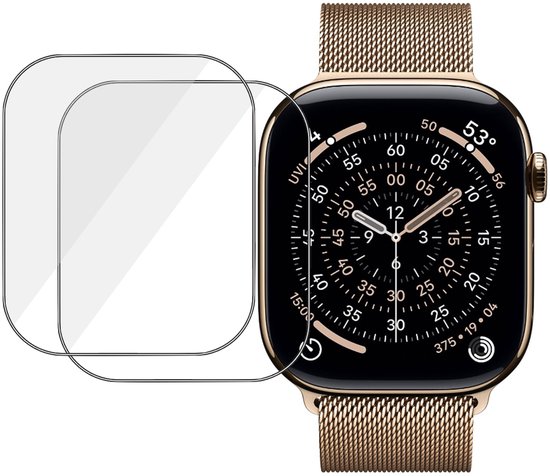 Gouden horlogeband met een smartwatch en twee screenprotectors. De wijzerplaat is zichtbaar.