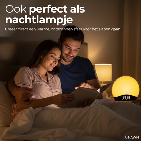 NAWM® Premium Wake Up Light - Digitale Wekker - Lichtwekker - Nachtlampje - Wekker - Bluetooth - 20 Helderheid niveaus - 25 Ontspanningsgeluiden - Incl. Nederlandse handleiding, EU stekker & Slaapgids
