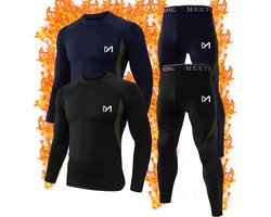 MEETHOO 4 Stuks/2 Sets Thermo Ondergoed Set voor Heren - Thermokleding Set - Thermobroek + Thermoshirt - Wintersport kleding - onderkleding-Zwart/Blauw-XXL