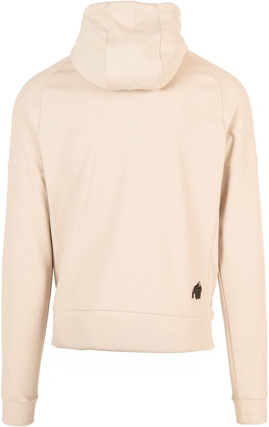 Achterkant beige Gorilla Wear trainingsjack met capuchon en wafeltextuur.