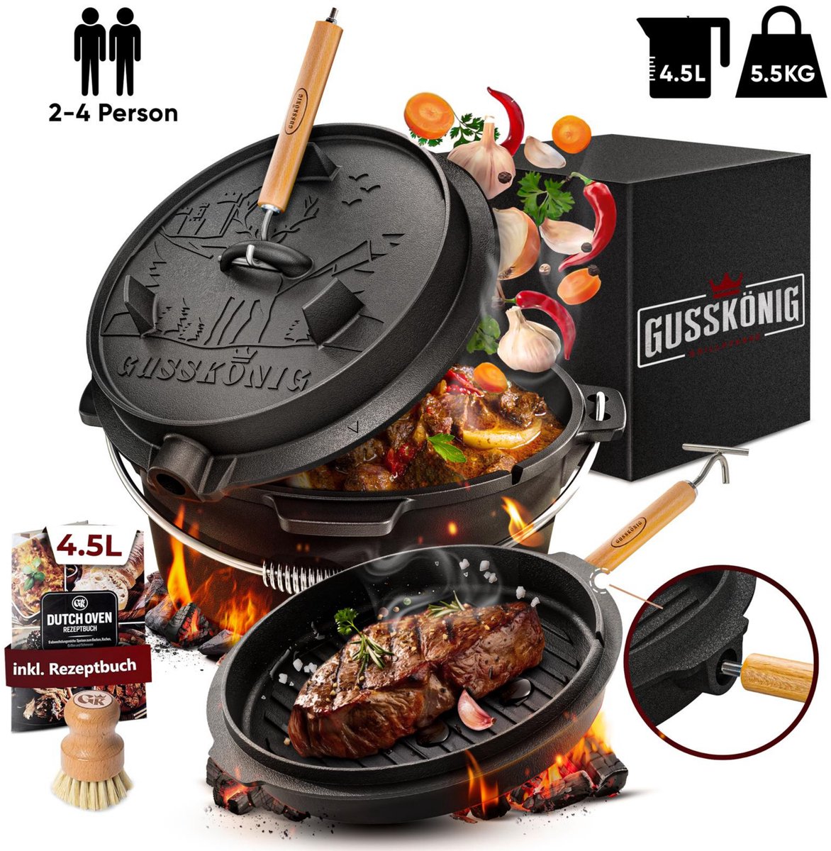 GUSSKÖNIG Ingebrande Dutch Oven Set met voetjes, innovatieve 2-in-1 deksellifter van hout en roestvrij staal, FSC-gecertificeerde houten reinigingsborstel, receptenboek - dutch oven gietijzer