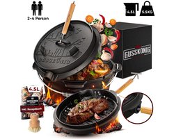 GUSSKÖNIG Ingebrande Dutch Oven Set met voetjes, innovatieve 2-in-1 deksellifter van hout en roestvrij staal, FSC-gecertificeerde houten reinigingsborstel, receptenboek - dutch oven gietijzer
