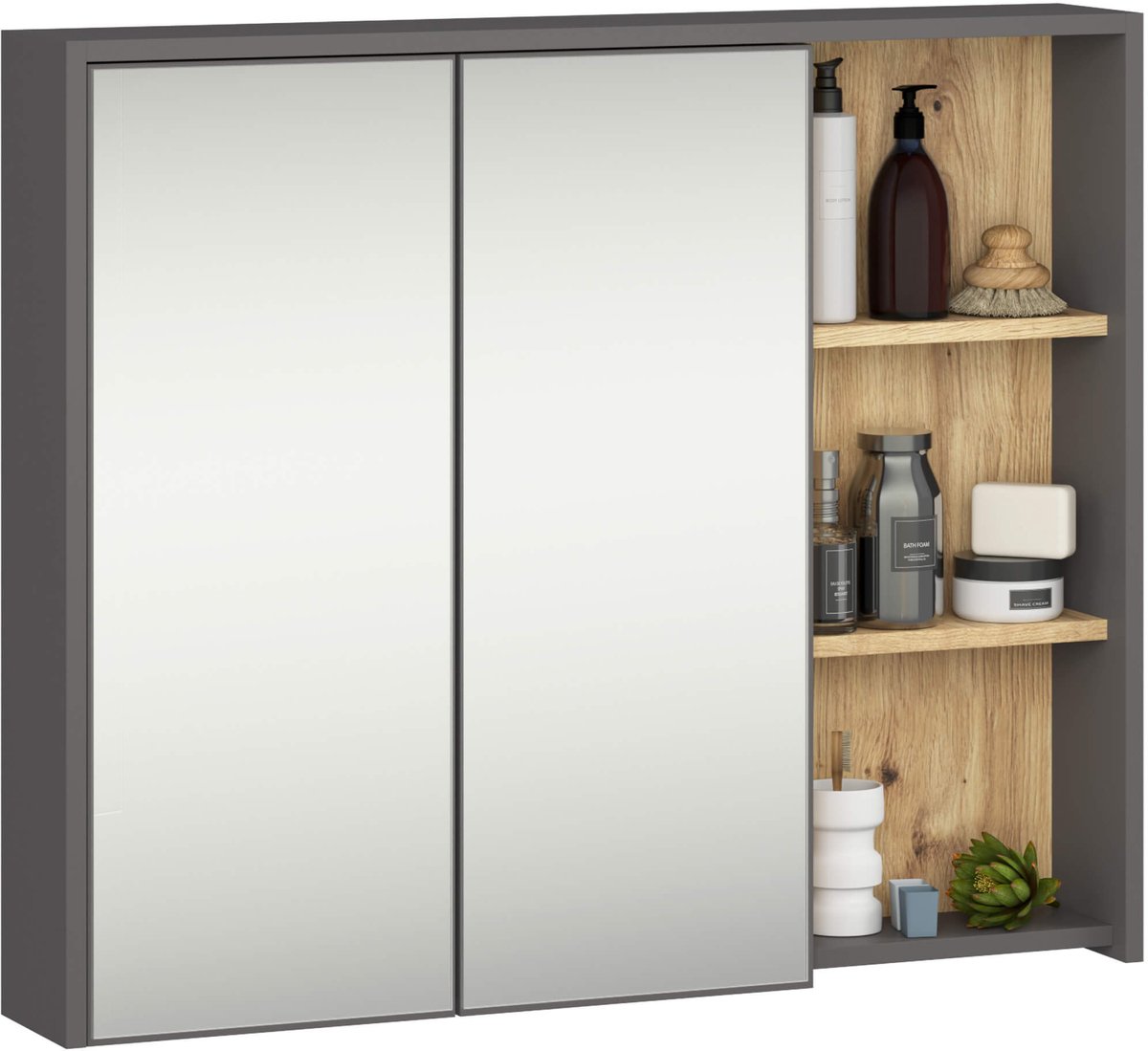 Hangende Badkamerkast Spiegelkast VAMI W90 met 2 Deuren en 6 Planken en Spiegel / Grafietgrijs – Artisan Eik / AKORD Furniture Factory / 90x15x75 cm