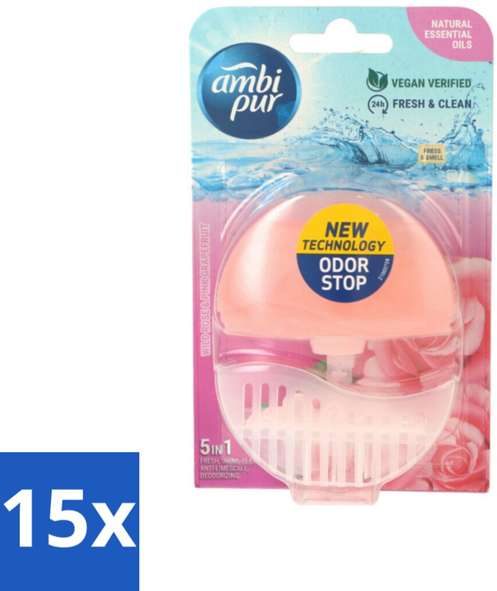 15 x Ambi Pur - Toiletblok - 5in1- Wilde Roos & Roze Grapefruit - 1 Blok - Voordeelverpakking - 15 stuks