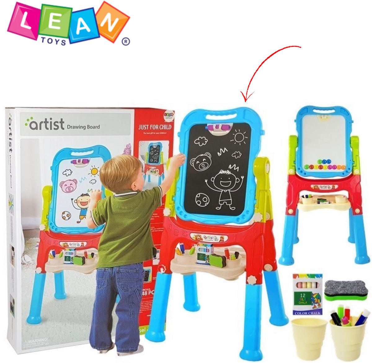 LeanToys – 2-in-1 Magnetisch Dubbelzijdig Krijtbord & Whiteboard voor Kinderen – Blauw/Rood – Inclusief Markers, Krijt, Spons, Magneten & Accessoires – Draaibaar 360° – Verstelbare Poten – Educatief Speelgoed – Schoolbord Kinderen + Gratis E-book