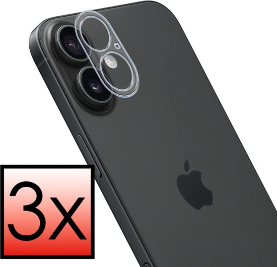 Close-up van een zwarte iPhone met een cameraprotector. De tekst '3x' staat in een rood kader.