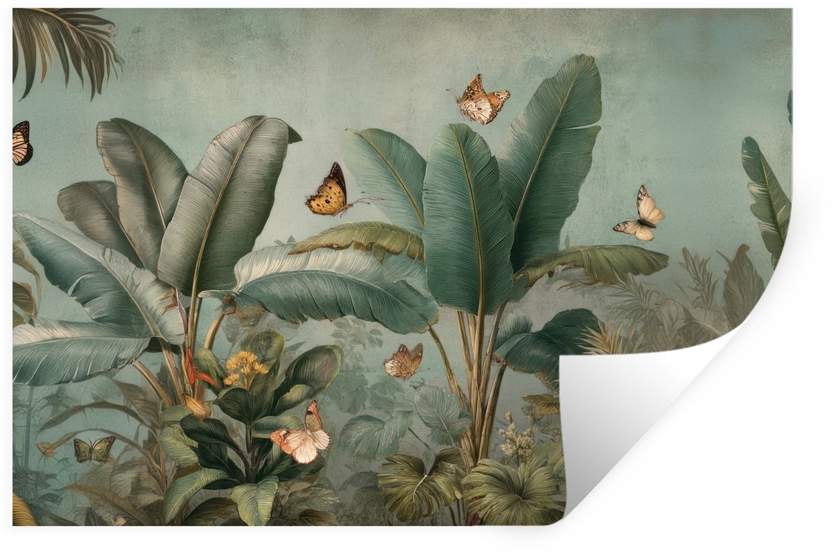 Muurstickers - Sticker Folie - Tropisch bladerdek - Vlinders - groen - Bruin - 30x20 cm - 