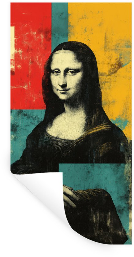 De Mona Lisa met kleurvlakken in rood, geel en blauw.