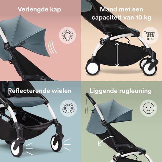 Stokke YOYO3 kinderwagen vanaf 6 maanden - Inclusief wit frame / Aqua zitkussen + luifel - In een handomdraai in- en uitklapbaar - Licht en compact - Past in handbagage van Stokke — afbeelding 4