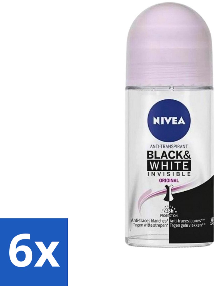 6 x Nivea - Deodorant - Roller - Invisible for Black & White Clear - 50 ml - NIVEA Deodorant Roller - Anti-transpirant - 48 Uur Bescherming - Witte Strepen Voorkomen - Gele Vlekken Voorkomen