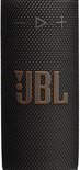 Zwarte JBL draagbare speaker met oranje JBL logo en bedieningsknoppen.