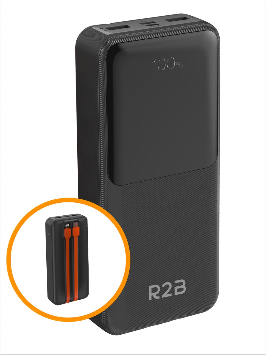 R2B Powerbank 20000 mAh met ingebouwde Oplaadkabels (8 Pins - R2B - €29,69