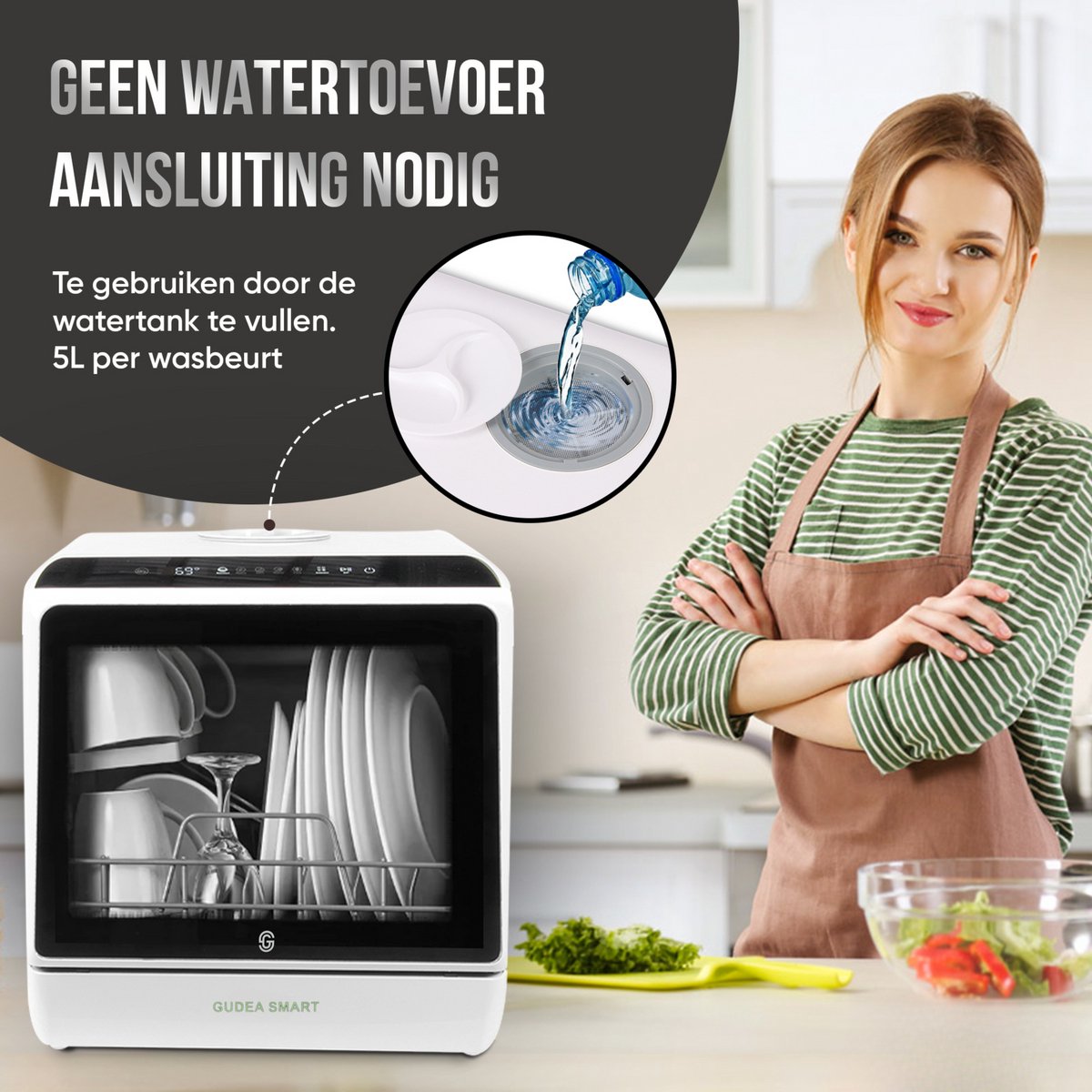 GudeaSmart® Mini Vaatwasser Incl. App – Afwasmachine – 5 Programma’s – 900 Watt – 42,5 x 42,8 x 45,8 cm - Wit — afbeelding 7