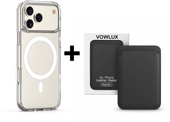 Étui MagSafe transparent pour iPhone 17 Pro Max à côté d'un portefeuille magnétique noir en cuir.