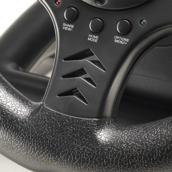Detail van een zwart race stuurwiel met knoppen 'SHARE VIEW', 'HOME MODE', 'OPTIONS MENU+'.
