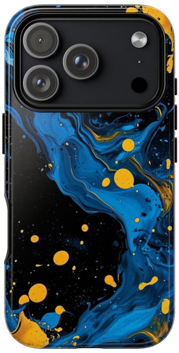 Blauwe en Gele Verfspatten Abstract – Telefoonhoesje Geschikt voor iPhone 17 Pro