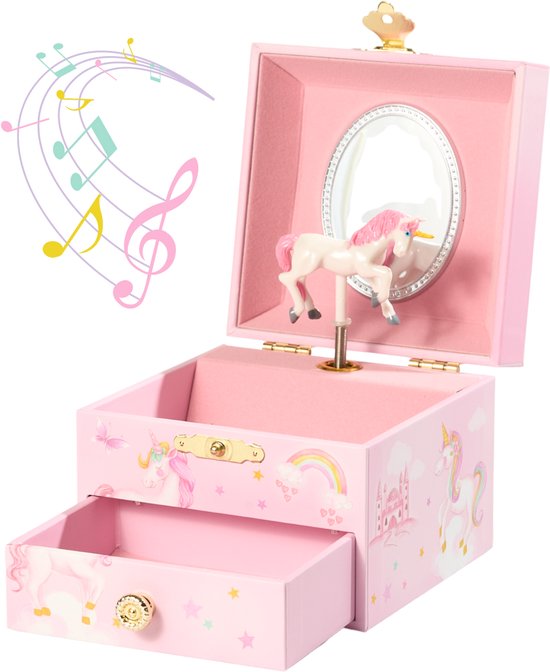 ChimeDream Rainbow Realm Unicorn Muziekdoos | Sieradendoos met 1 Lade & Dansende Eenhoorn | Speelt Twinkle Star Melodie | 10,5 x 10,5 x 8,5 cm | Magisch Cadeau voor Meisjes