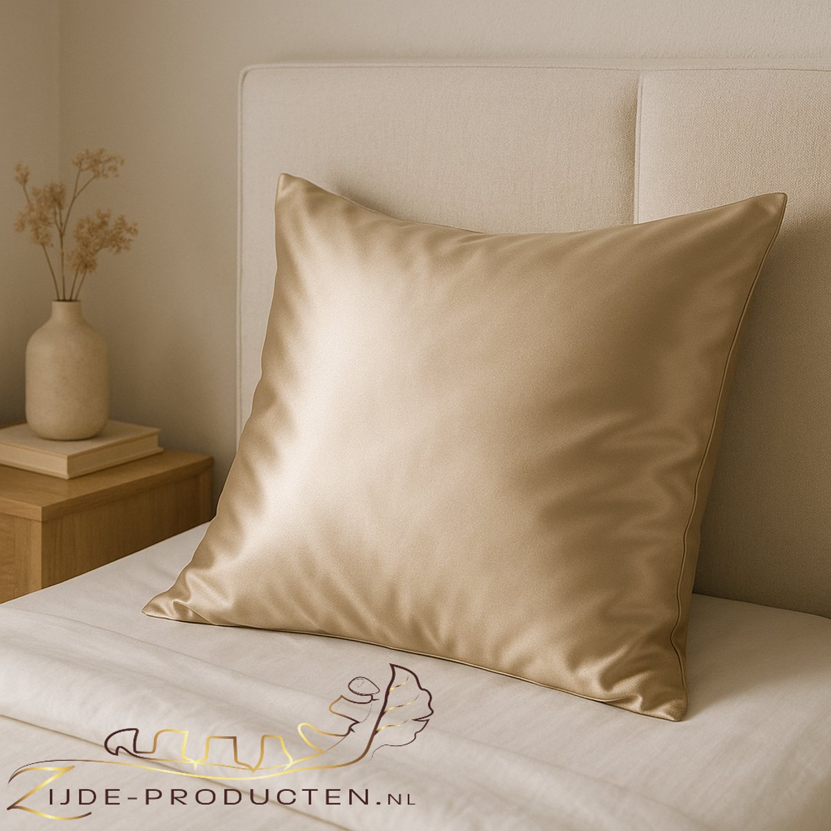 Zijden kussensloop, 100% moerbei zijde, premium kwaliteit 19 Momme. Kleur beige, maat 60x70 cm.