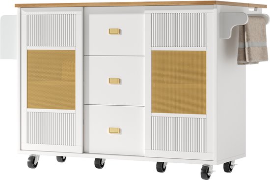 Îlot de cuisine, meuble de cuisine, meuble de cuisine, îlot de cuisine indépendant, buffet, 120 x 73 (45) x 93 cm, desserte de cuisine extensible avec roulettes, porte-serviettes, étagère à épices, étagères réglables, blanc