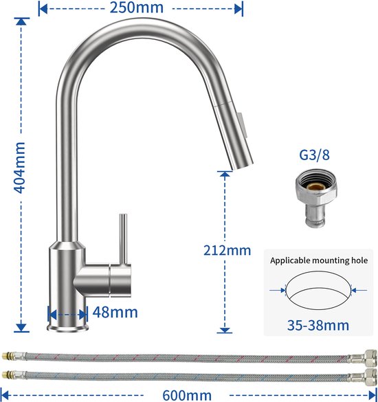 Afmetingen van een rvs keukenkraan: 250mm breed, 404mm hoog. G3/8 aansluiting.