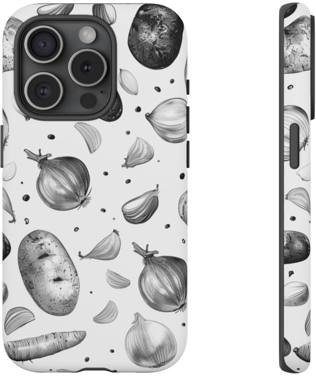 Zwart-Wit Groentenpatroon – Telefoonhoesje Geschikt voor iPhone 15 Pro