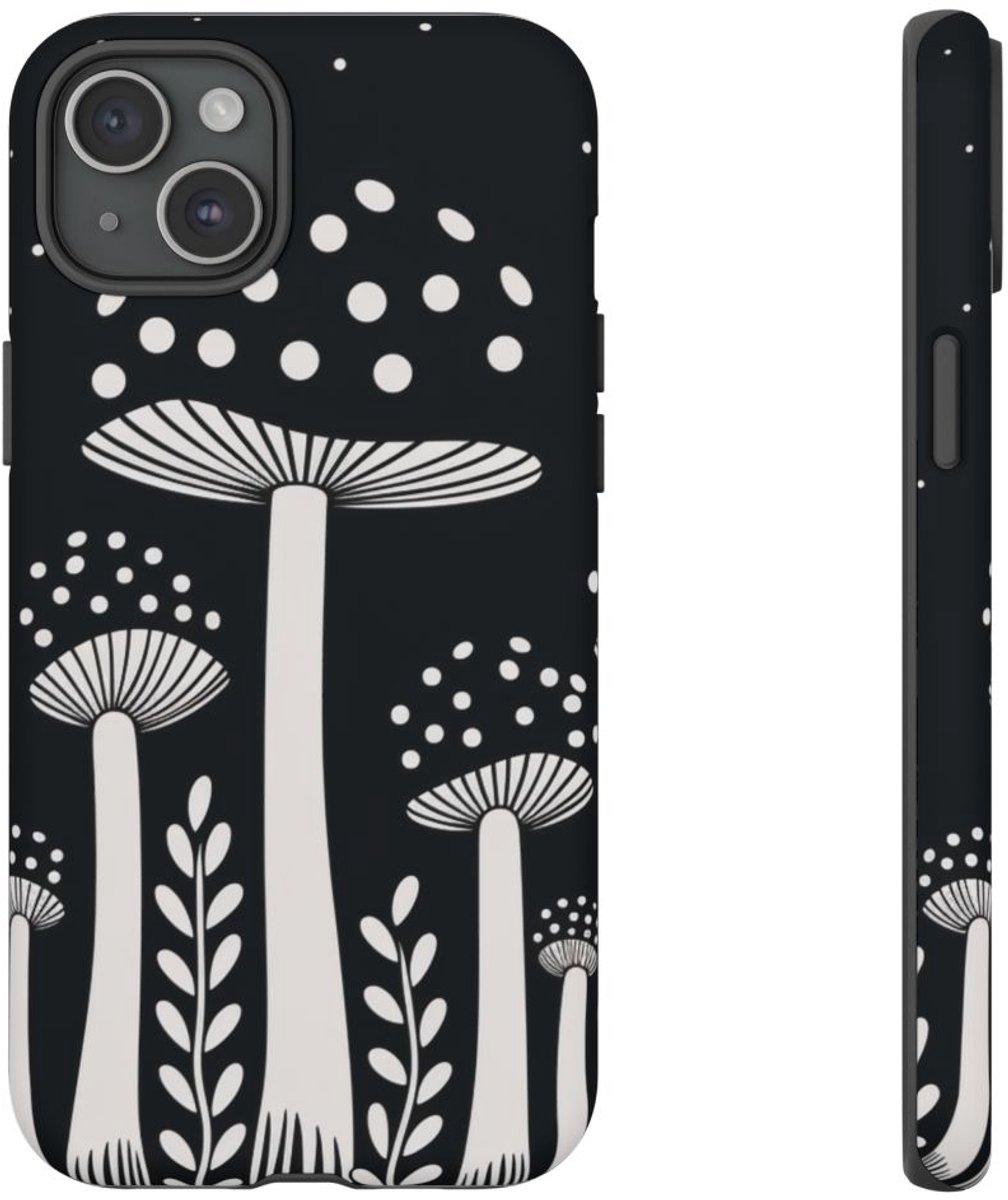 Zwart-Wit Paddenstoelenpatroon – Telefoonhoesje Geschikt voor iPhone 15 Plus