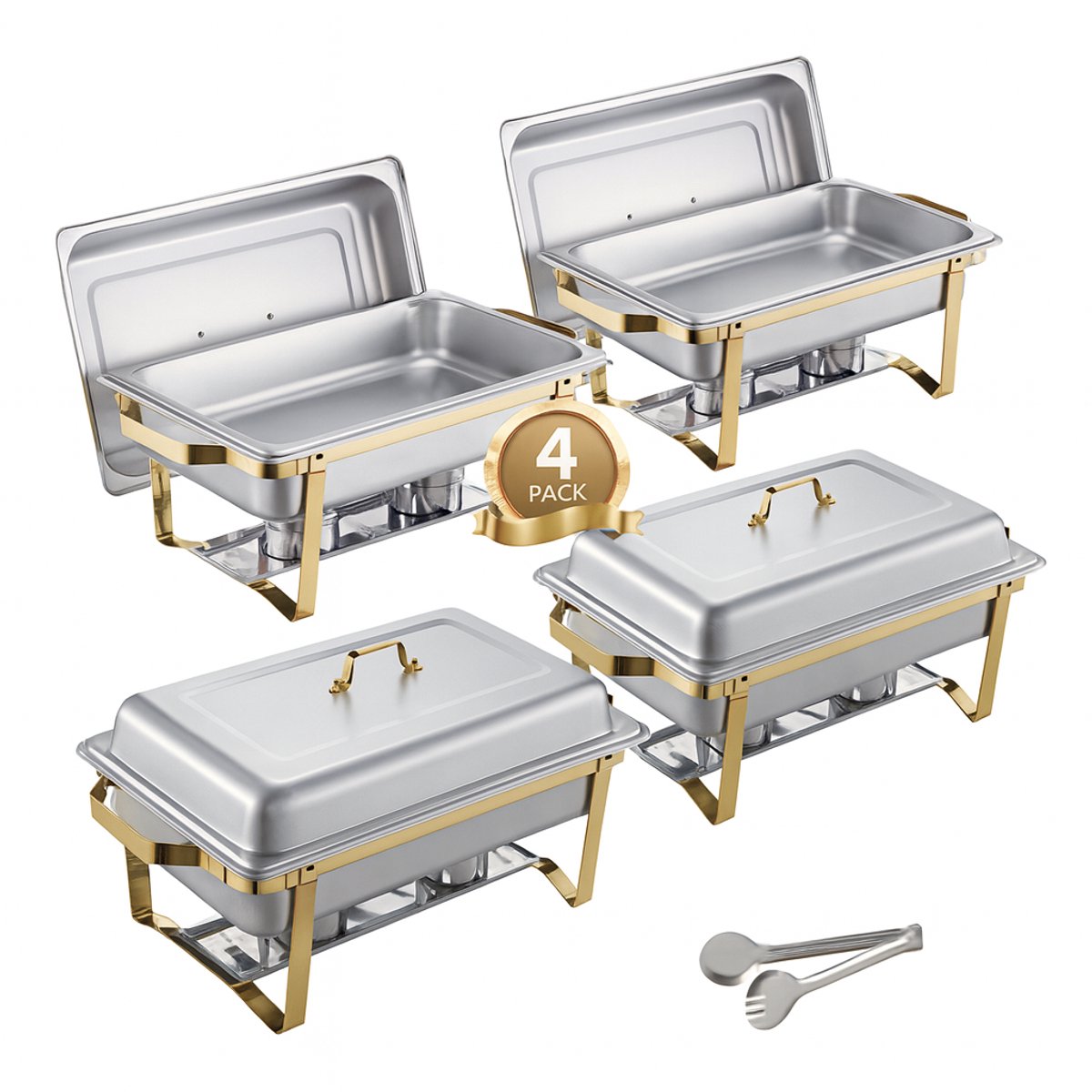 Buffetwarmer - Chafing Dish Set - 4-delige Warme Voedselhouder - RVS Catering Server - 2 Grote Pannen van 8L en 4 Halve Pannen - Warmhoudschalen - Opvouwbare Voedselwarmer - Voor Feest, Bruiloft, Buffet, Evenement