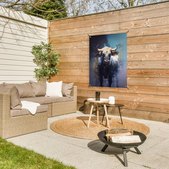 Tuinposter 60x80 cm - Tuindecoratie Stier - Zwart - Abstract - Horens - Poster voor in de tuin - Buiten decoratie - Schutting tuinschilderij - Tuindoek muurdecoratie - Wanddecoratie balkondoek
