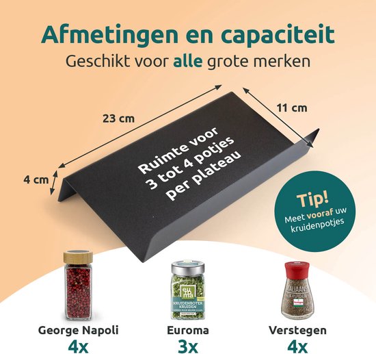 Een zwart kruidenrek met afmetingen 23x11x4 cm, er passen 3 kruidenpotjes per plateau op.