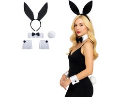 Joya Party® Bunny Play Accessoires Set | 5-delig Kostuum Setje | Sexy Bunny Oren | Kraag met Strik | Manchetten | Konijnenstaart | Halloween en Carnaval Outfit Dames | Verkleedset Volwassenen