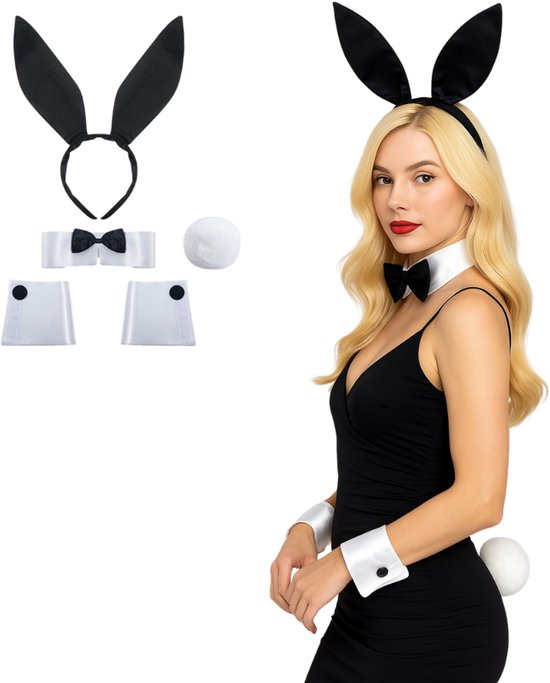 Joya Kids® Bunny Play Accessoires Set | 5-delig Kostuum Setje | Sexy Bunny Oren | Kraag met Strik | Manchetten | Konijnenstaart | Halloween en Carnaval Outfit Dames | Verkleedset Volwassenen