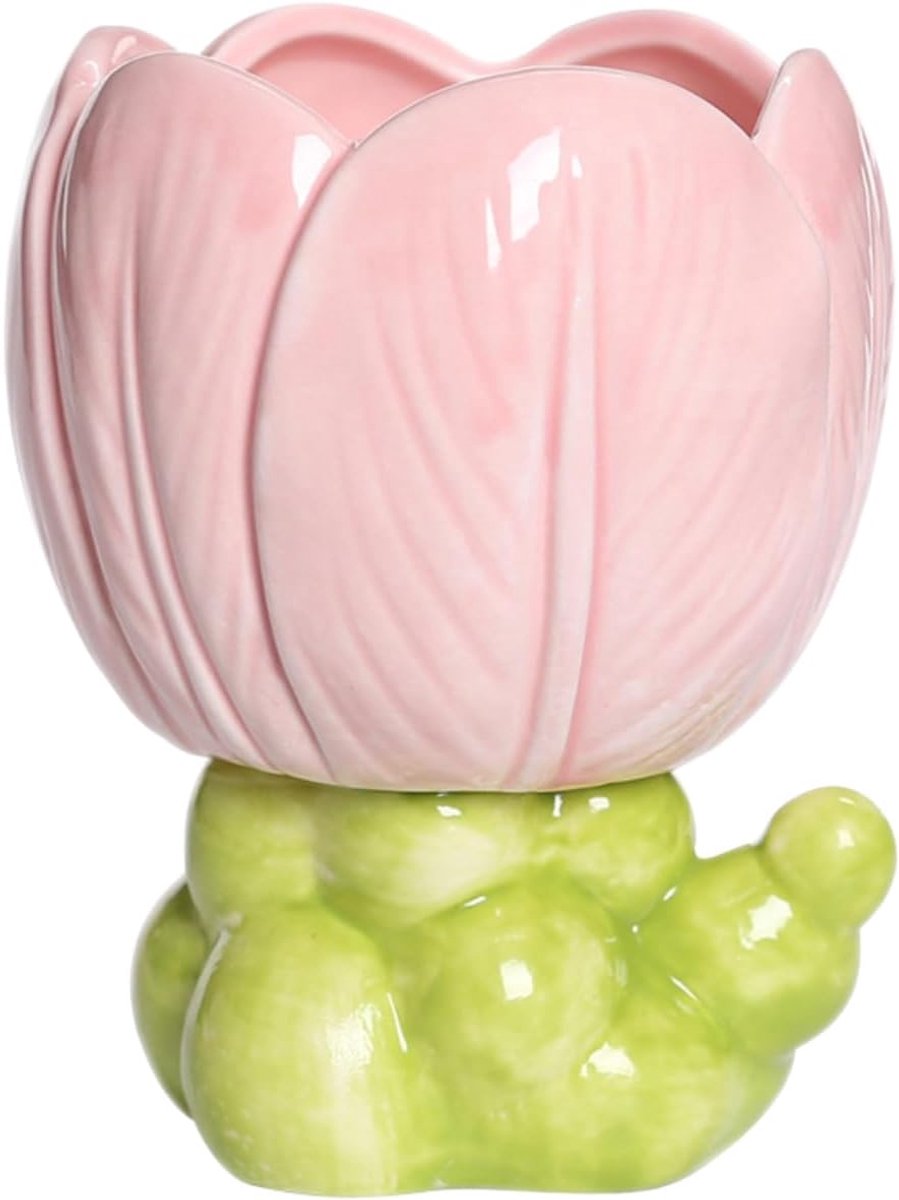 Opbergbox - Opbergdoos - Tandenborstelhouder - Pennenhouder - Make-Upborstelhouder - Leuke Pennenhouder met Bloemen - Keramiek - Bureau-Organizer voor Thuiskantoor - Tulp - Roze