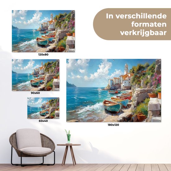 Tuinposter 90x60 cm - Tuindecoratie Boten - Rotsen - Zee - Zon - Poster voor in de tuin - Buiten decoratie - Schutting tuinschilderij - Tuindoek muurdecoratie - Wanddecoratie balkondoek