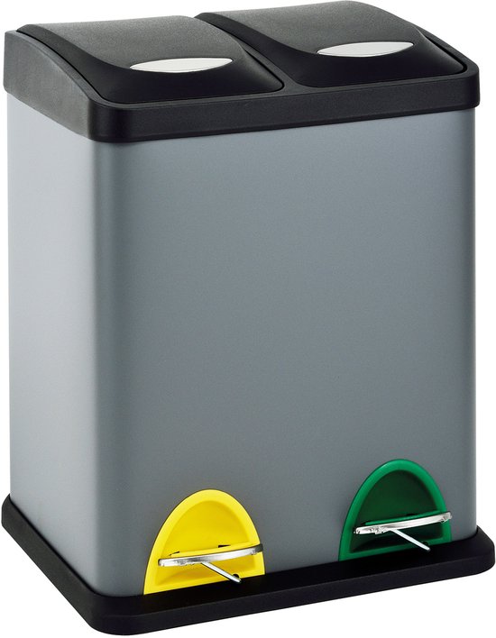 Grijze afvalbak van 16 liter met twee compartimenten, voetpedalen (geel en groen).