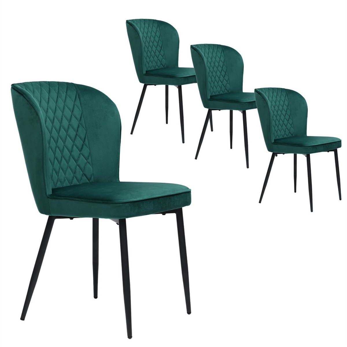 YEHTOKHOME Eetkamerstoel, Set Van 4, Moderne Keukenstoel, Gestoffeerde stoel, Fluwelen stoel met rugleuning, Groen Velvet, Zwart metalen poten, 47 x 49 x 86 cm