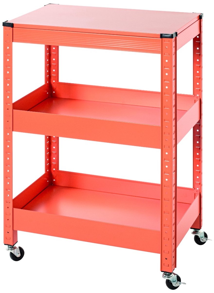 Keukentrolley – Oranje gepoedercoat metaal – Compacte serveerwagen op wielen – 75 cm hoog, 50 cm breed, 32 cm diep