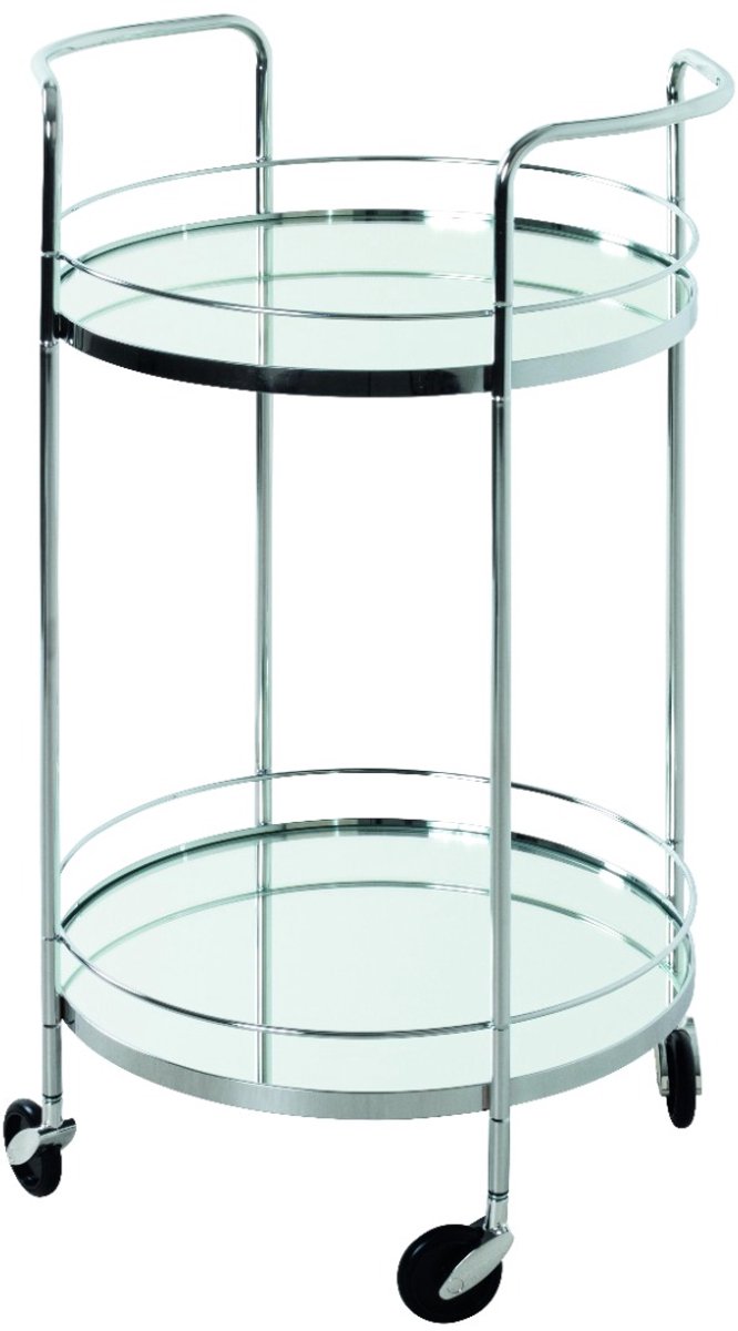 Keukentrolley – Chroom metaal met spiegelglas – Luxe ronde serveerwagen op wielen – 80 cm hoog, 48 cm diameter