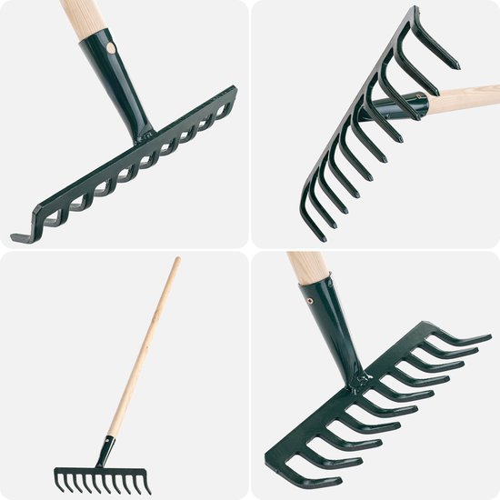 KADAX Hark van metaal, platte hark met steel van hout, bladbezem voor tuin, bloembed, bladbreken, gazonhark, groen, tuingereedschap, hooikoork, tuingereedschap, hark (10 tanden V2) van Merkloos	 — afbeelding 4