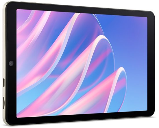 Zilverkleurige tablet met scherm met abstracte, golvende patronen in roze en blauw.