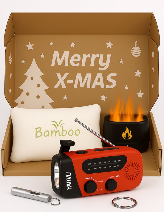 Kerstpakket Trends 2025 - Noodradio - Noodfluit - Bamboe Kussen - Aroma Diffuser - Kerst Pakket - Geschenkset - Cadeau - Doos
