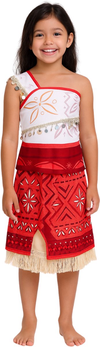 Joya Kids® Oceaanprinses Verkleedjurk | Polynesische Prinsessenjurk | Hawaï Kostuum | Jurk Schelpen & Franjes Rood Wit | Carnaval & Verkleedfeest |