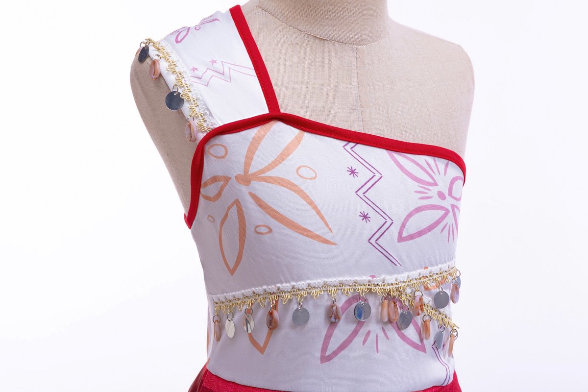 Joya Kids® Oceaanprinses Verkleedjurk Meisje | Polynesische Prinsessenjurk Kind | Hawaï Kostuum | Jurk met Schelpen & Franjes Rood Wit | Carnaval & Verkleedfeest | — afbeelding 11