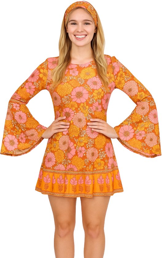 Joya Kids® Hippie Verkleedjurk Dames Oranje Roze | Jaren 60/70 Flower Power Kostuum | Inclusief Haarband | Verkleedkleding Bloemen Volwassenen | Stretch Stof | Carnaval / Themafeest | Maat M