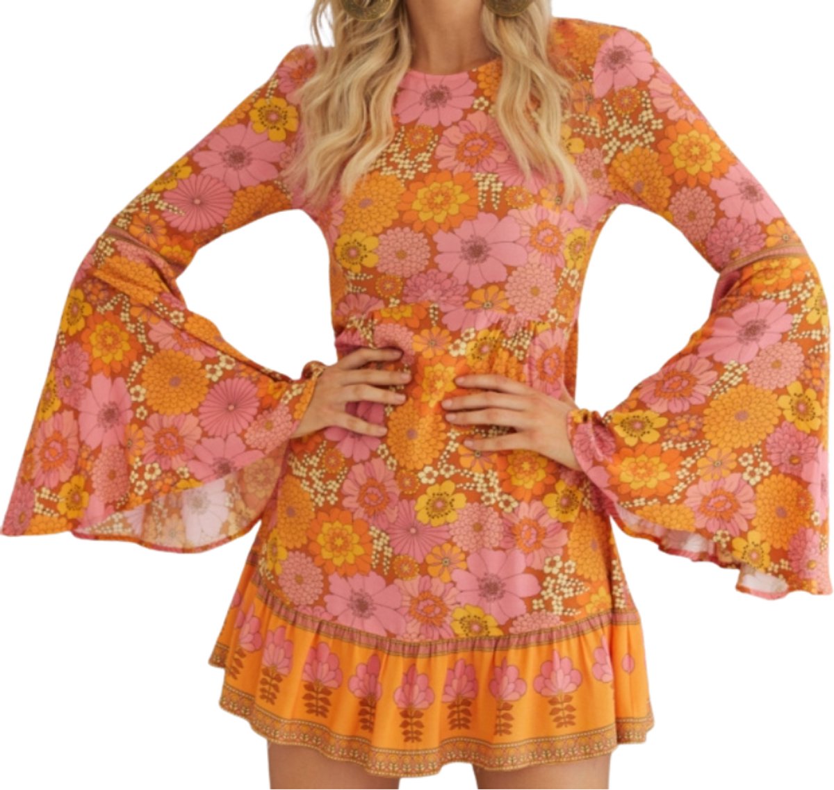 Joya Party® Hippie Verkleedjurk Dames Oranje Roze | Jaren Flower Power Kostuum | Inclusief Haarband | Verkleedkleding Bloemen Volwassenen | Stretch Stof | Carnaval / Themafeest | — afbeelding 2