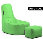 Lichtgroene zitzak met voorvakken en bijpassende poef, met 'ORIGINAL' tekst aan de zijkant.