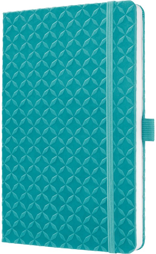 Blauwgroen notitieboek met geometrisch reliëfpatroon, elastische band en bladwijzer.