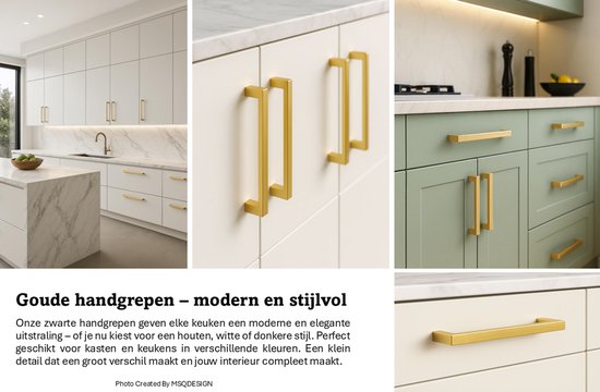 MSQDESIGN Handgreep RVS Goud - Boormaat 128mm - Gouden Handgreep voor Keuken & Kast - Moderne Meubelgreep - Keukengreep Mat Goud -Kastgrepen- Goude Greepjes Keuken - Goude RVS Handvatten - Deurgreepjes -incl schroeven