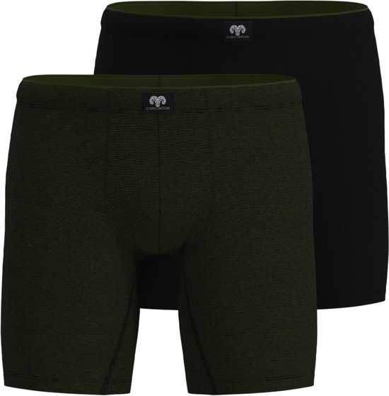 Twee lange boxershorts met geribbelde stof, één groen, één zwart, beide met logo.