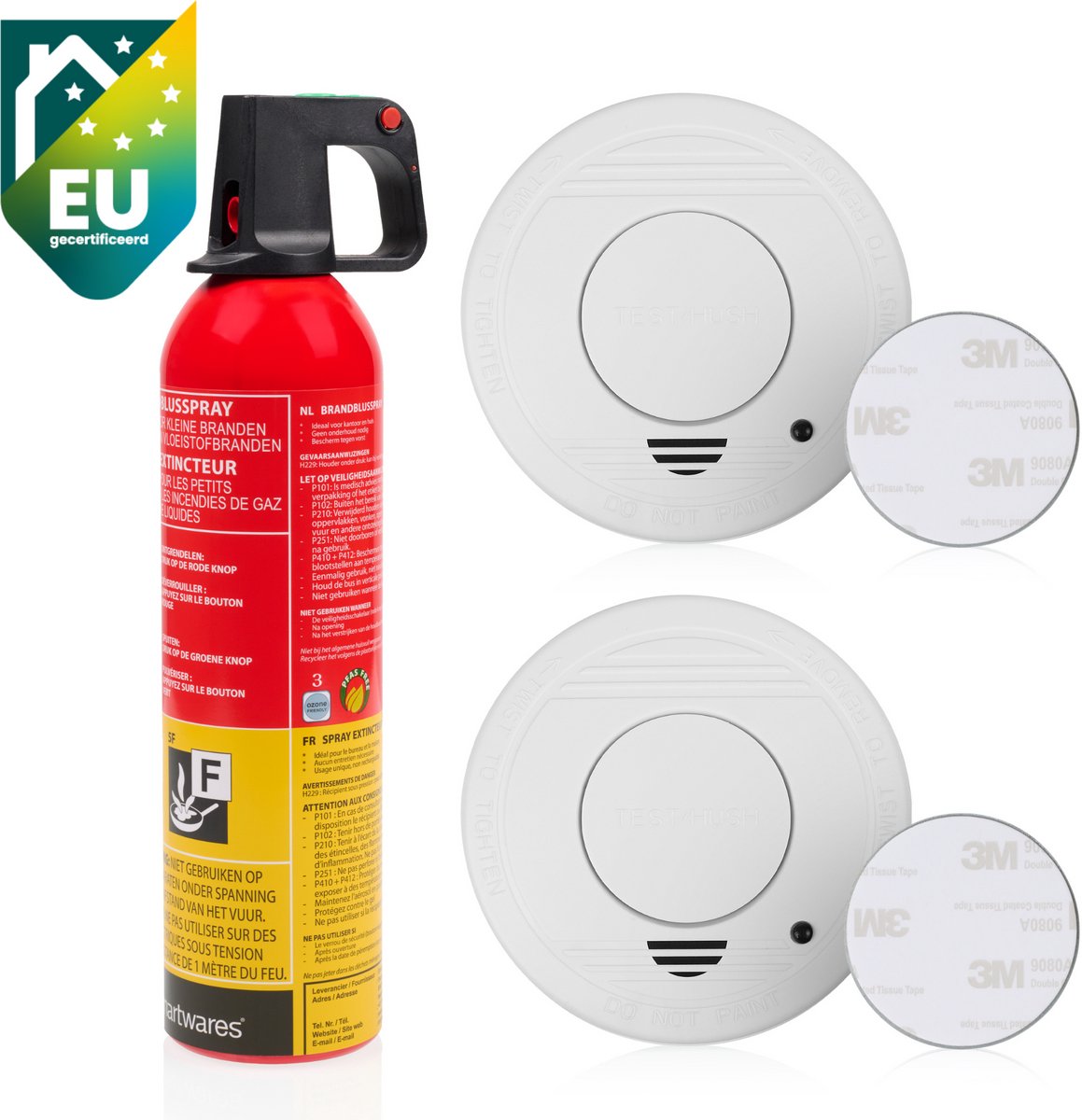 Set van 3 - 1x2 Smartwares 10.048.28 Rookmelder - 1x Smartwares FEX-15371 Brandblusser Spray - 2x Smartwares FOT-14001 Universele bevestigingsset